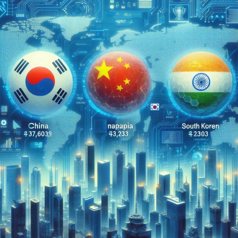 China leads with over 38,000 of the 50,000 GenAI patents filed globally between 2014 and 2023; South Korea, Japan, and India follow, with India showing the fastest growth rate, data shows